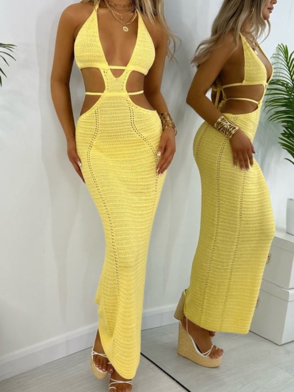 Butter Yellow Halter Maxi Dress slip on
